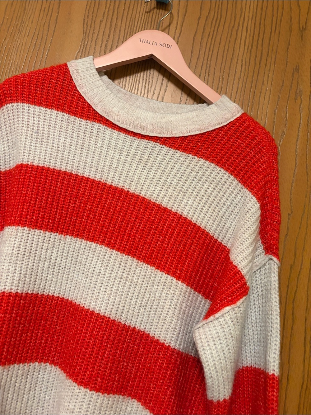 Arizona Jean Company Red and Cream Striped Crewneck Sweater